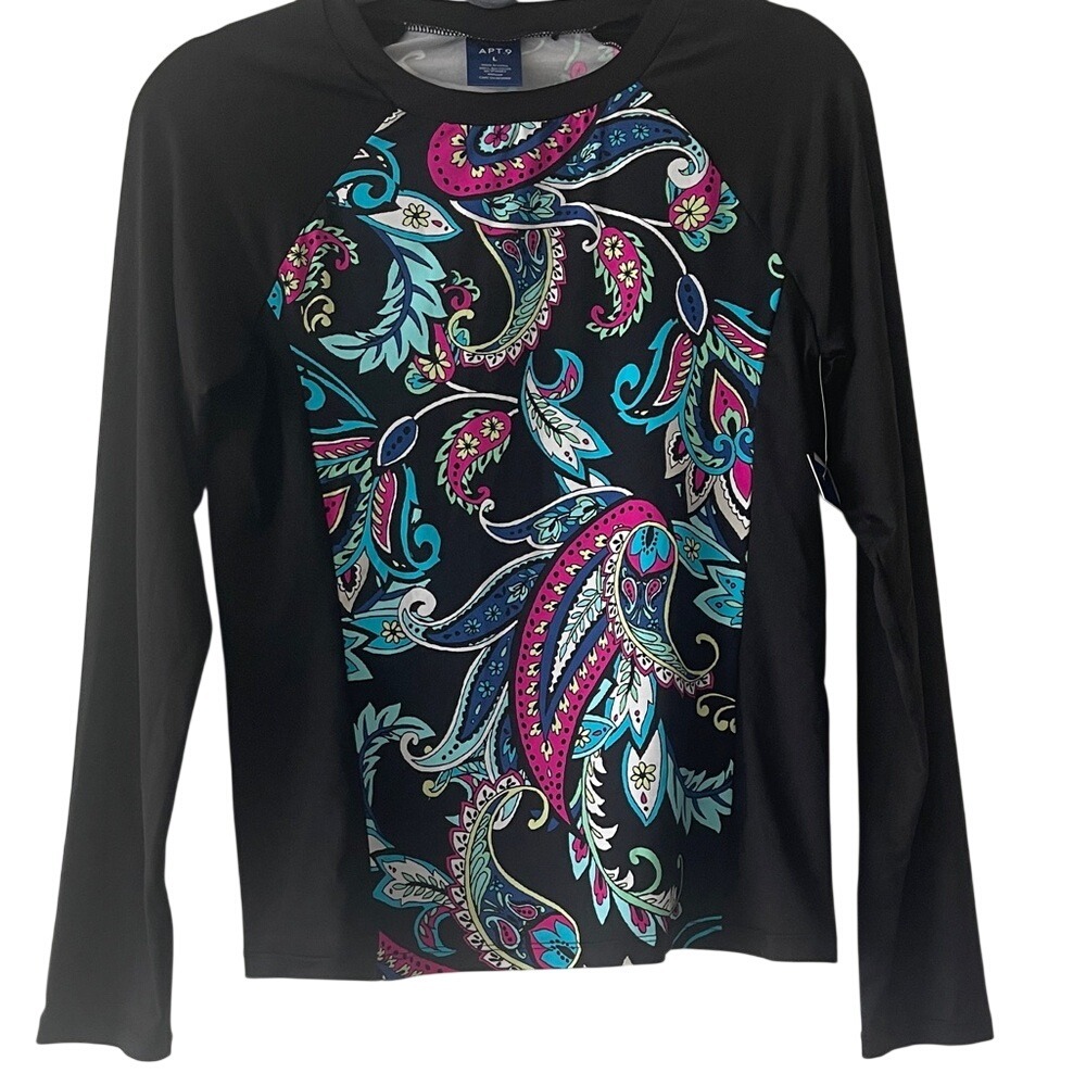 Apt. 9 Black Long-Sleeve Paisley Rash Guard Large NWT